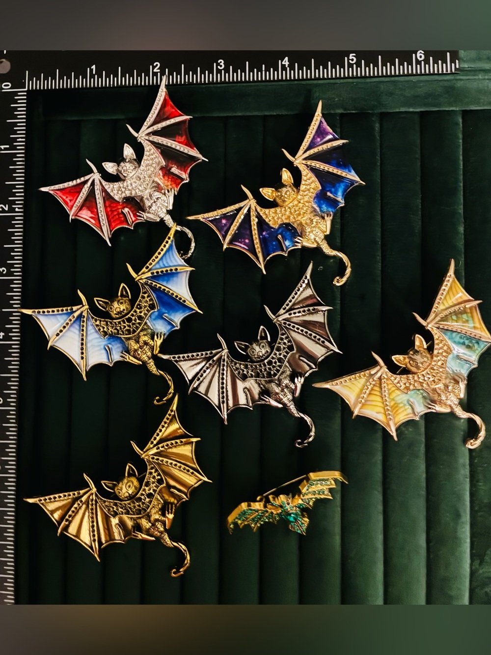 Lot of 7 Bat Brooches Pins Gothic Vampire Halloween Enamel Rhinestone Jewelry